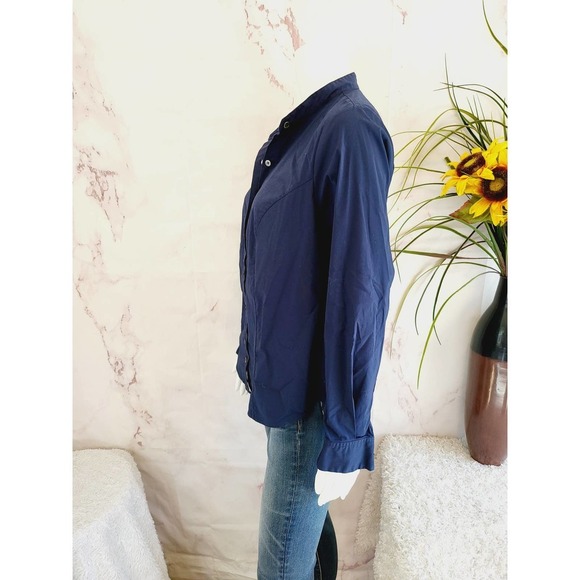 Pari Passu Mandarin Collar Button Up Shirt Fit B: "Curvier Body Type" Navy - Picture 6 of 8